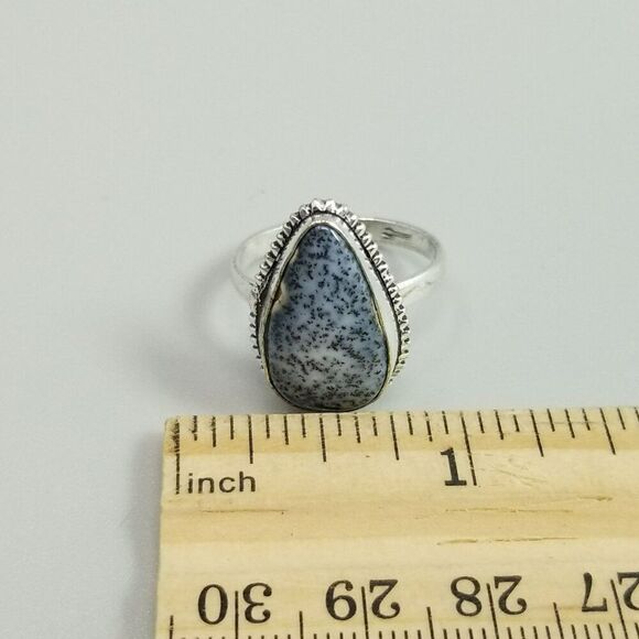 Vintage Blue Speckled Drop Shape Ring, Silver Tone Bezel Set Size 9 Band - Picture 3 of 8